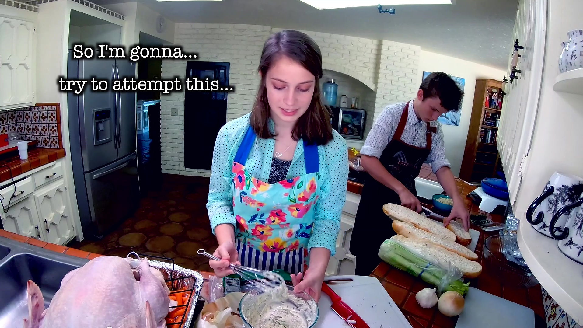 艾米丽（Emily）准备火鸡在烤箱里做饭。Emily prepares the turkey for cooking in the oven.